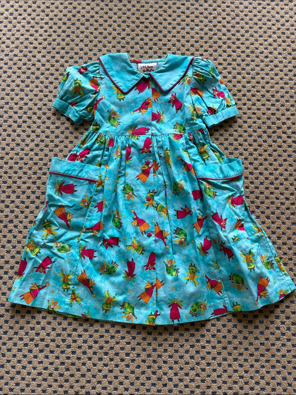 Chicken Noodle Aqua Fairy Print Dress with Peter Pan Collar